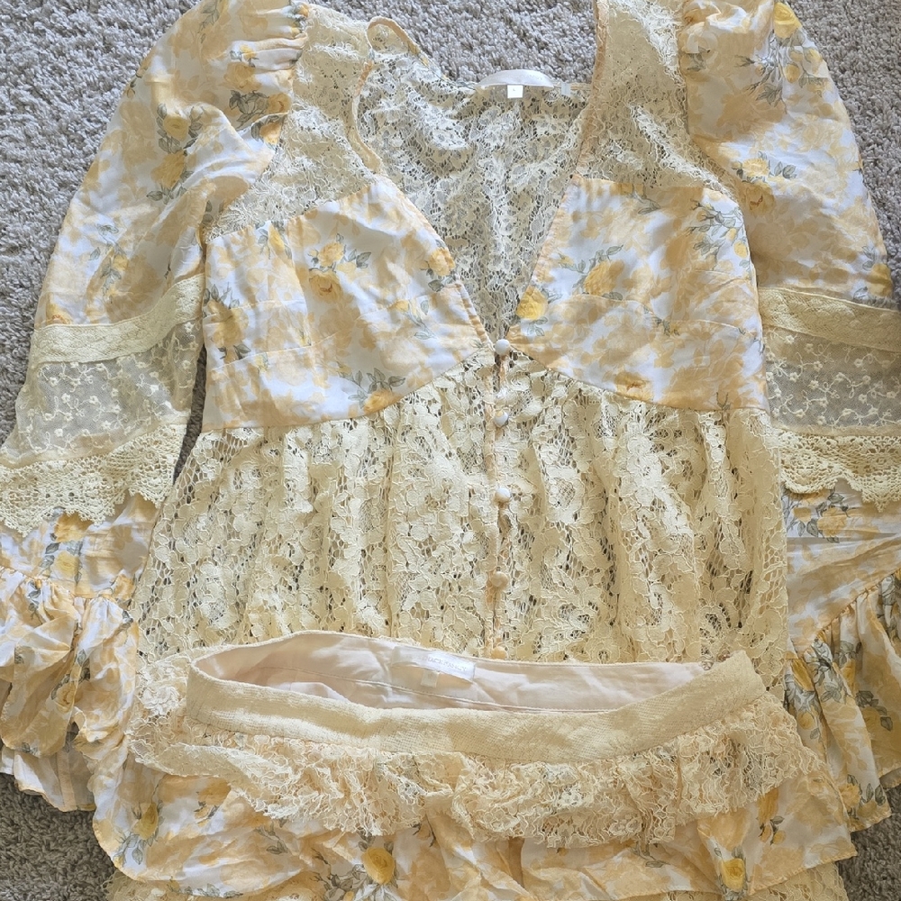 LoveShackFancy Cream and Yellow Skirt Set